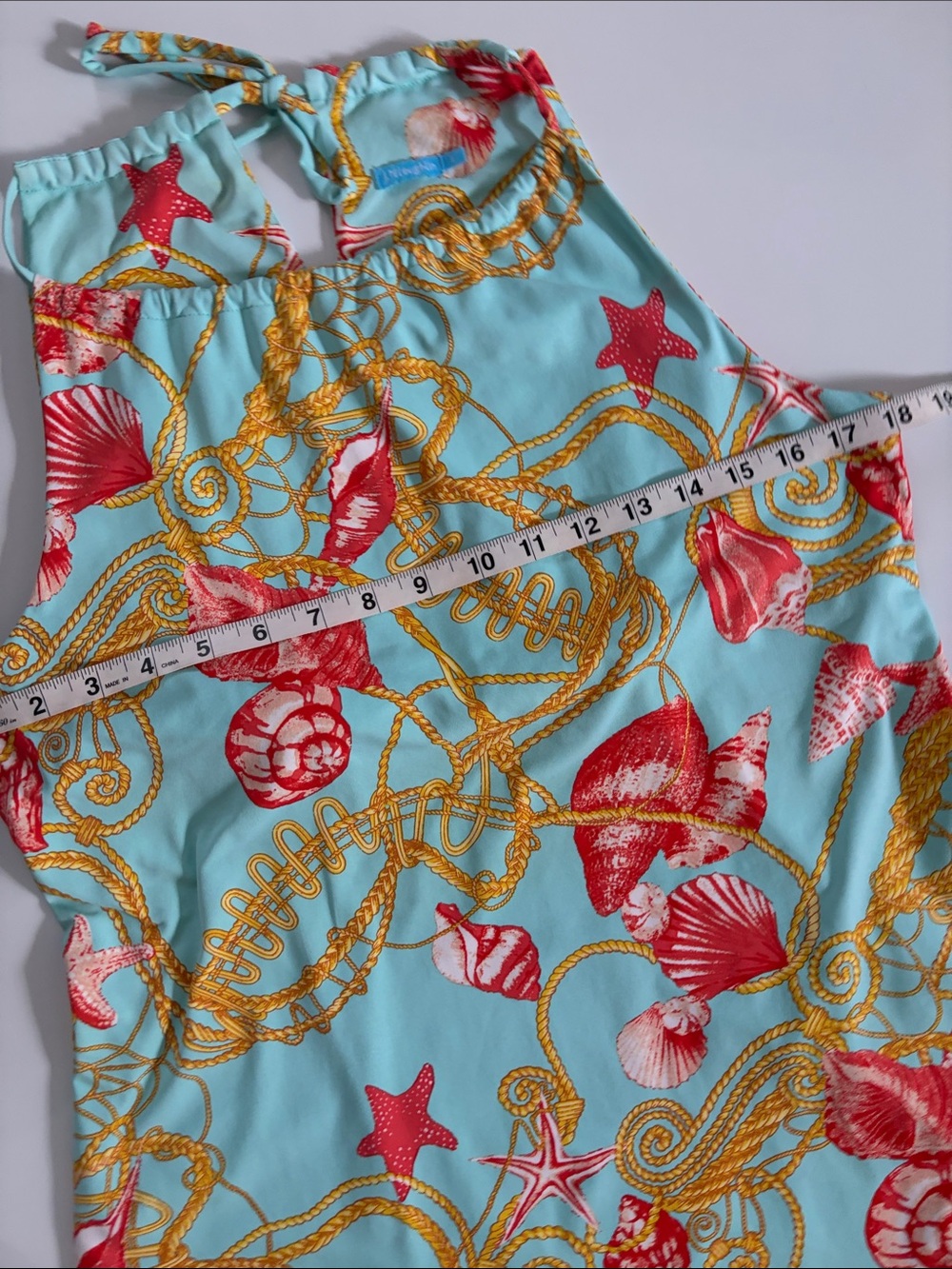 J. McLaughlin Aqua Shell & Rope Print Halter Dress Catalina Cloth Large - Picture 4 of 8